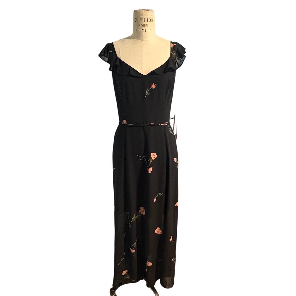 Black Floral Midi Dress Ruffle Sleeve Tie Waist‎ Sheer Chiffon Romantic Size 4